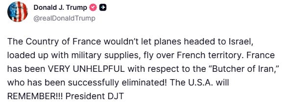 फ्रांस के लिए अमेरिकी राष्ट्रपति डोनाल्ड ट्रंप का पोस्ट. फ्रांस के लिए अमेरिकी राष्ट्रपति डोनाल्ड ट्रंप का पोस्ट.
