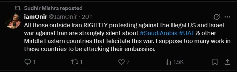 Screenshot of Sudhir Mishra reposting Onirs X post. Screenshot of Sudhir Mishra reposting Onirs X post.