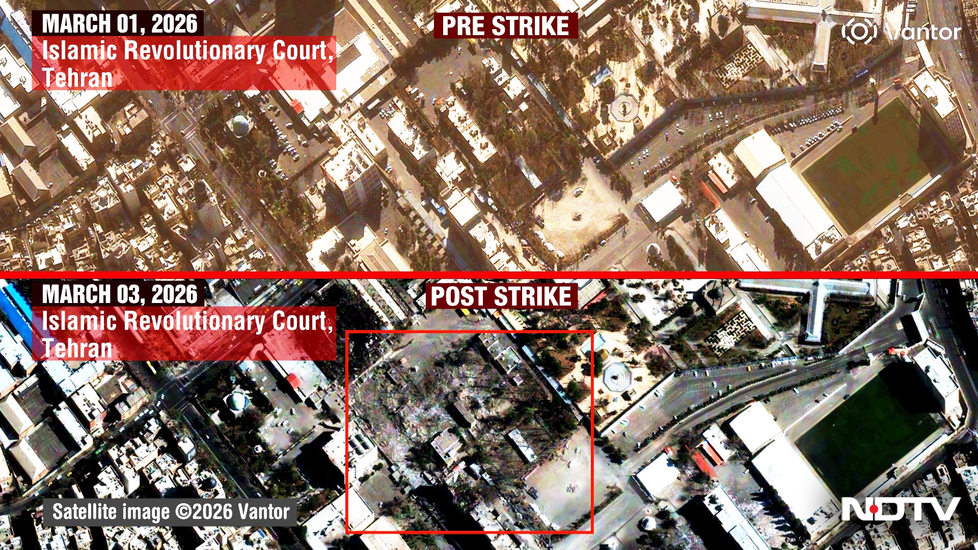 Satellite photographs show widespread destruction across the compound housing the Islamic Revolutionary Court. Satellite photographs show widespread destruction across the compound housing the Islamic Revolutionary Court.