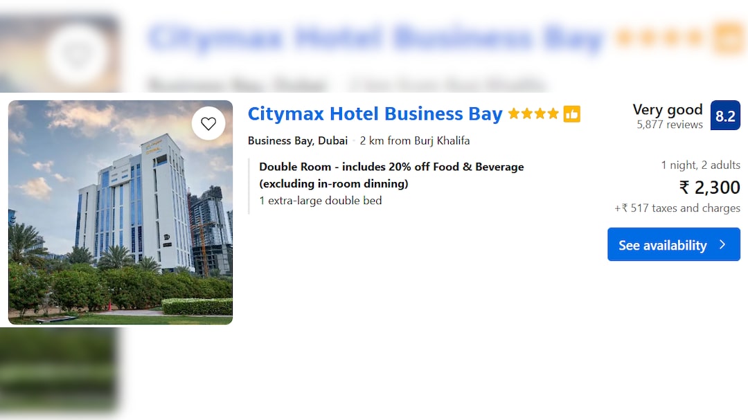 A hotel with a free Wi-Fi, a flat screen TV and a private bathroom situated 4.3 km away from the Burj Khalifa costed upto Rs 2,310 with Rs 517 in taxes.