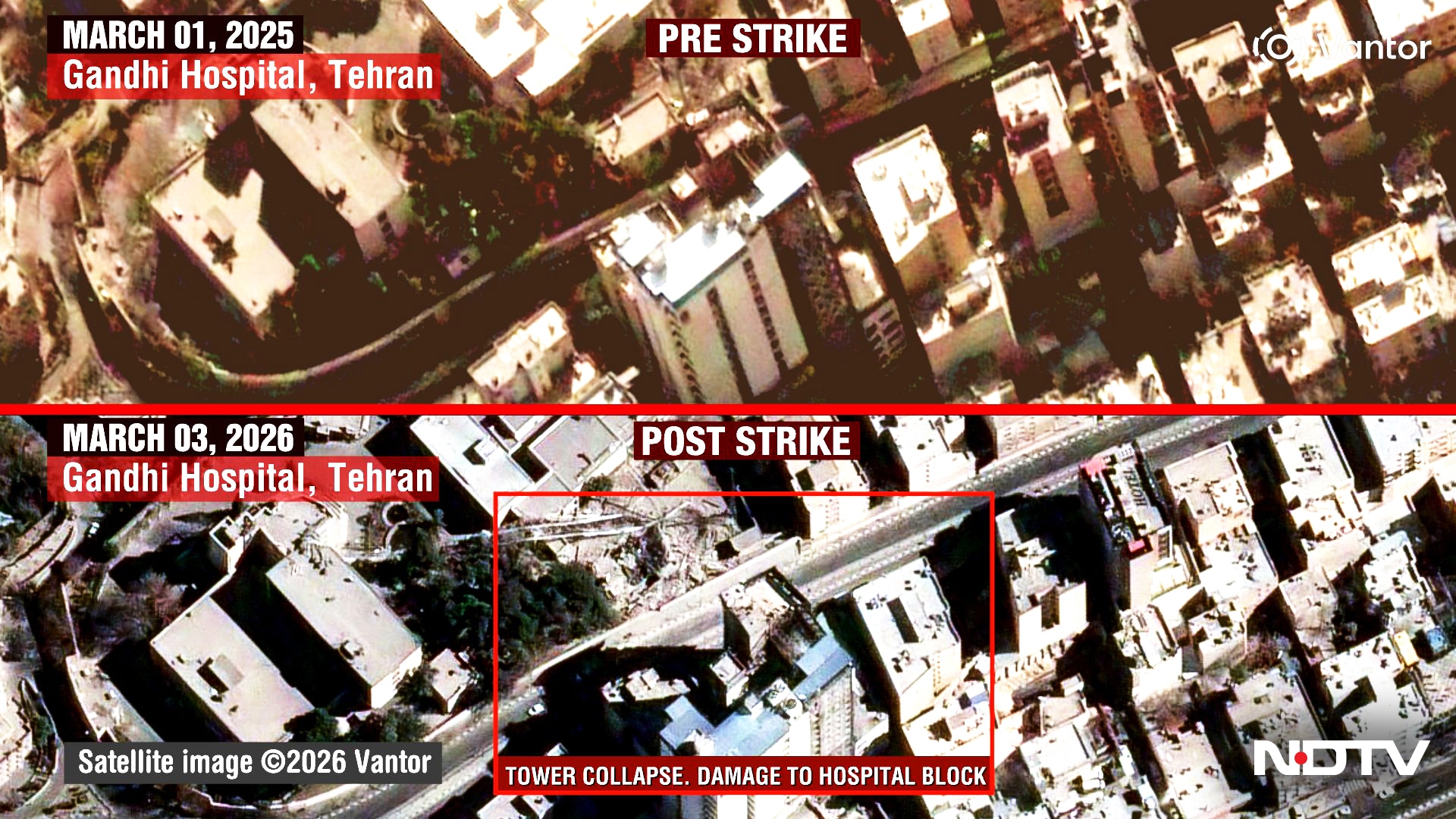 One of the most striking images shows damage to Gandhi Hospital in Tehran. One of the most striking images shows damage to Gandhi Hospital in Tehran.