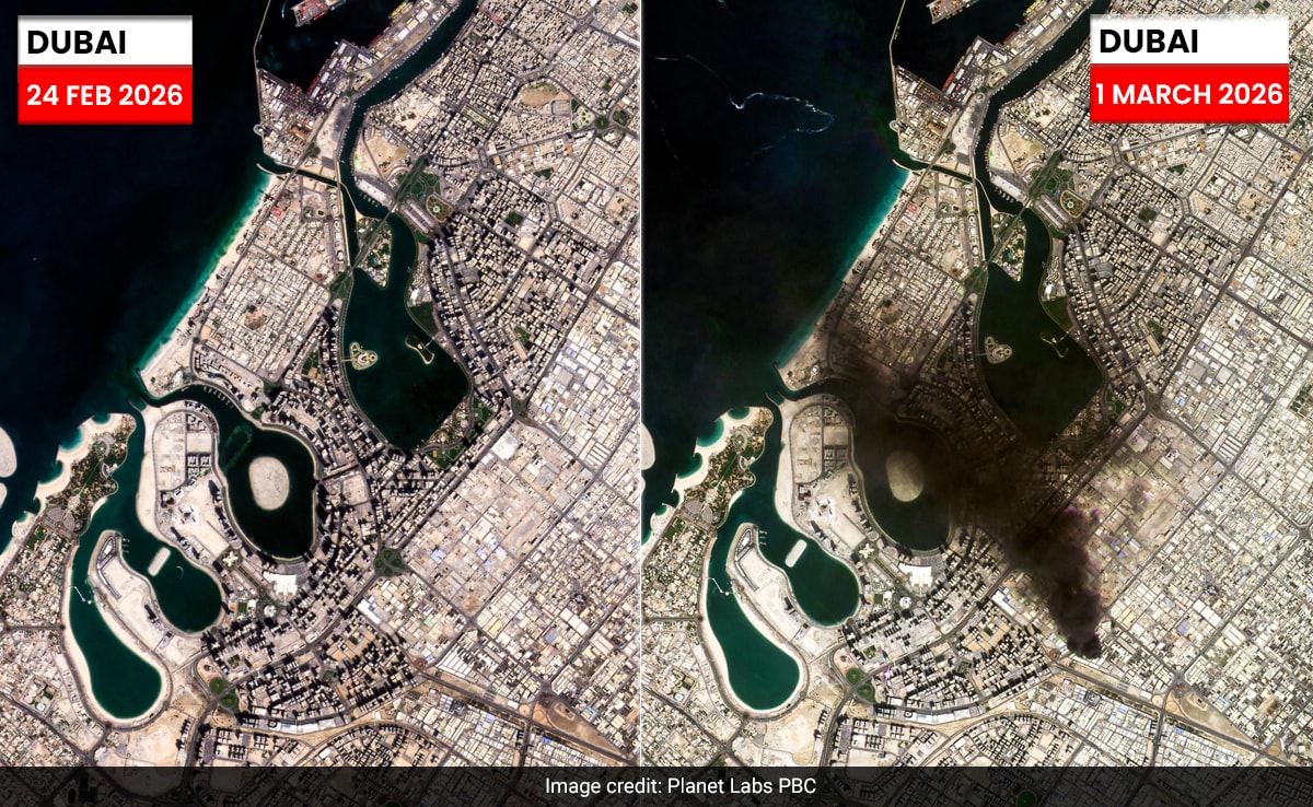 Satellite Pics Show Black Smoke Over Dubai Skyline As Iran Attacks Continue