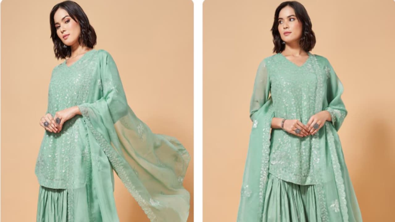 Click To Buy: Marigold Lane Green Embroidered Festive Women Flared Kurta Set
