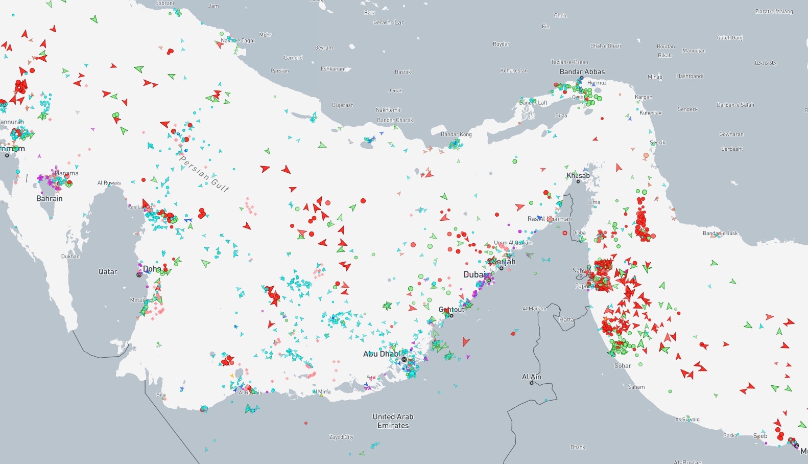 Red dots on MarineTraffics Live Ships Map represent ships returning after delivering export and import consignments to ports. Green dots represent ships carrying consignments, which were en route to various ports when the war broke out.