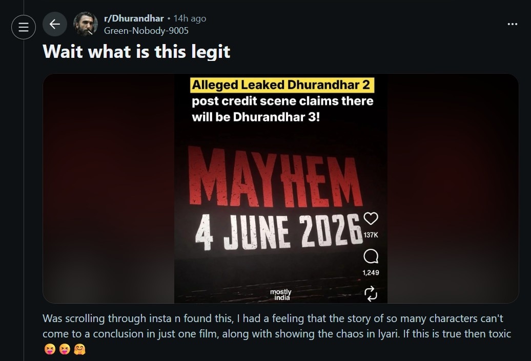 Screenshot of the Reddit thread about a potential Dhurandhar 3.