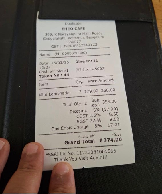 Amid LPG Shortage Fears, Bengaluru Café Bill With 'Gas Crisis Charge' On Lemonade Goes Viral