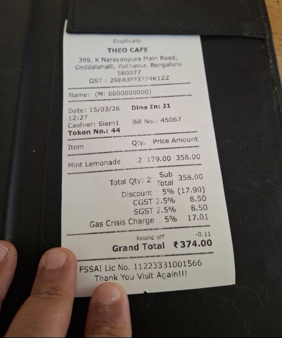 Amid LPG Shortage Fears, Bengaluru Caf&eacute; Bill With 'Gas Crisis Charge' On Lemonade Goes Viral