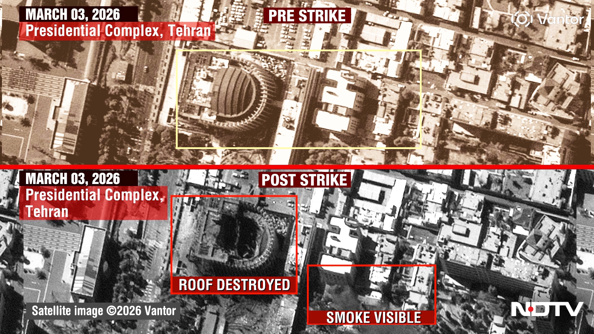 Satellite imagery of the Presidential Complex shows the roof of the main structure destroyed following the strikes. Satellite imagery of the Presidential Complex shows the roof of the main structure destroyed following the strikes.