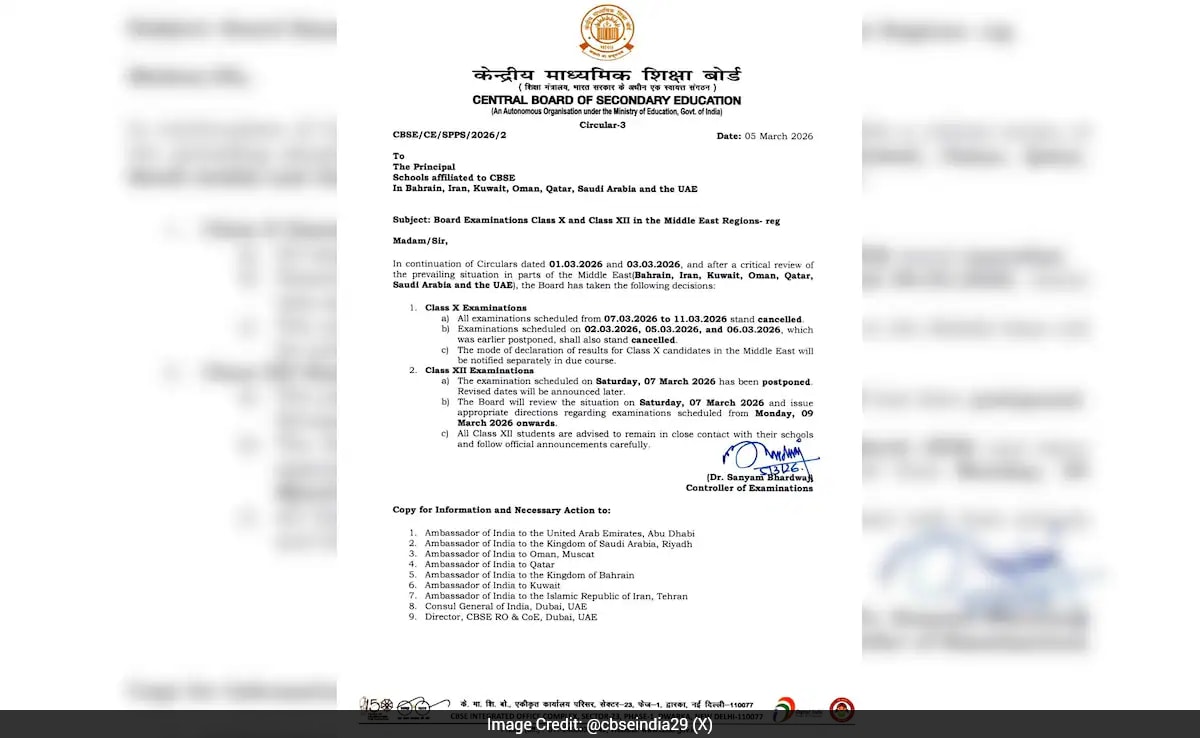 CBSE Cancels Class 10 Board Exams In Middle East, Postpones March 7 Class 12 Paper