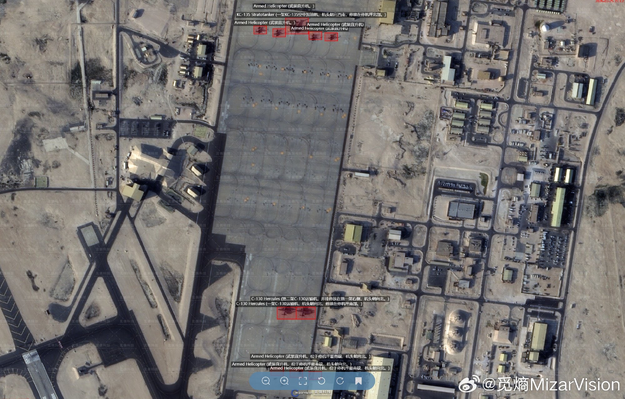 February 26: Satellite images shows one KC-135, two C-130s, and approximately seven attack helicopters on the tarmac at Udeid Air Base.