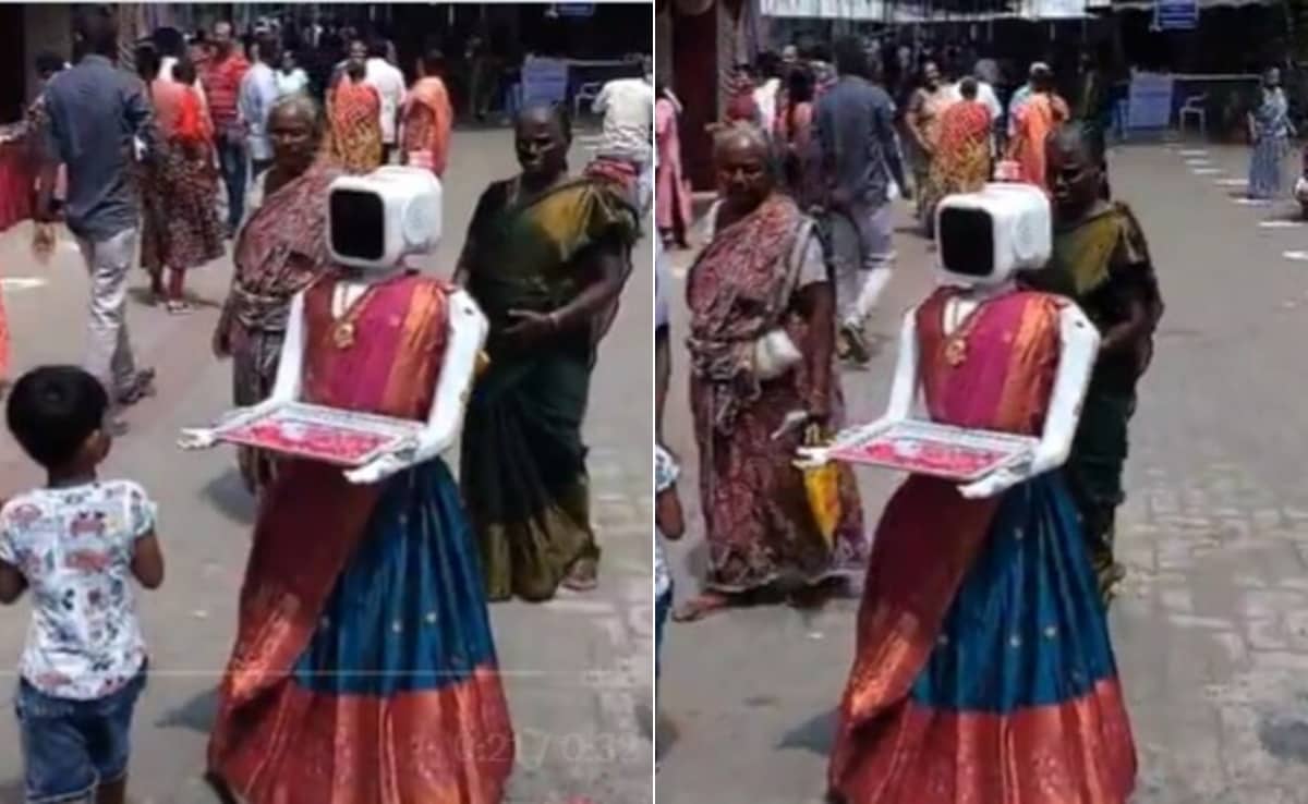 साड़ी पहनकर वोटर्स का स्वागत कर रहा रोबोट! तमिलनाडु चुनाव में दिखा अनोखा नजारा - देखें Video