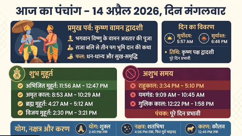आज का पंचांग (Aaj ka Panchang) 14 अप्रैल 2026: कृष्ण वामन द्वादशी आज, जानिए शुभ मुहूर्त और राहुकाल समेत पूरी जानकारी