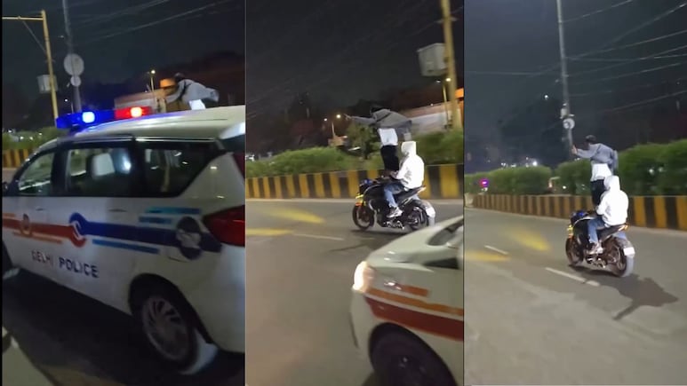 Delhi Man Performs Standing Stunt On Moving Bike In Front Of Police Car, Traffic Police Takes Action