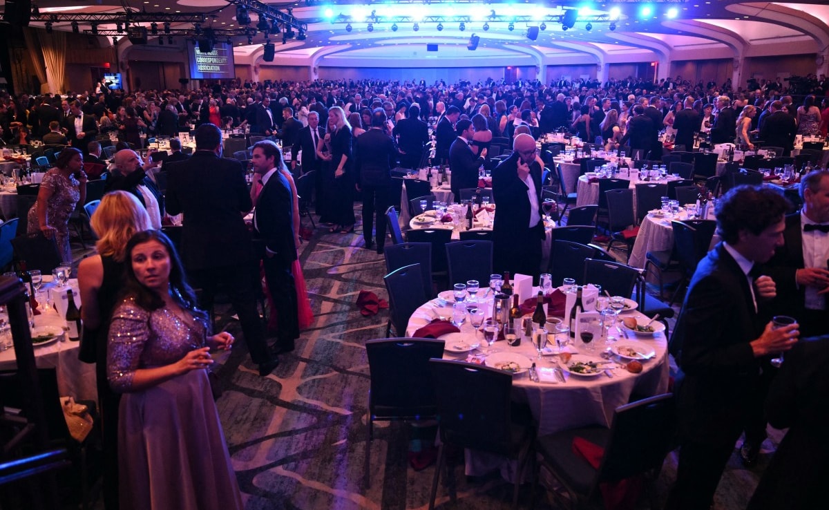 Guests seen inside the ballroom after shots were reportedly fired during the White House Correspondents dinner at the Washington Hilton