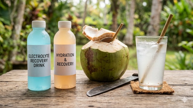Electroyte drinks and coconut water can provide hydration but they each have side-effects