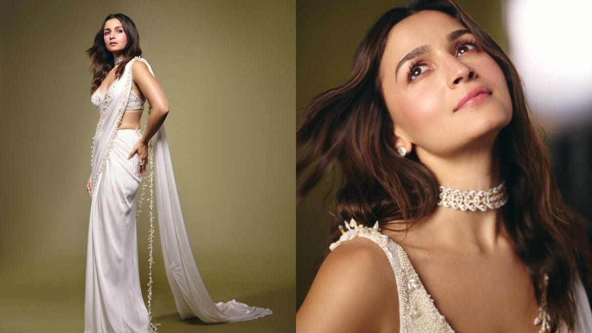 The ivory saree was otherwise plain, except for the borders, where pearls were strung together to create the illusion of hundreds of mogra flowers tied on a thread. Photo: Alia Bhatt/ Instagram