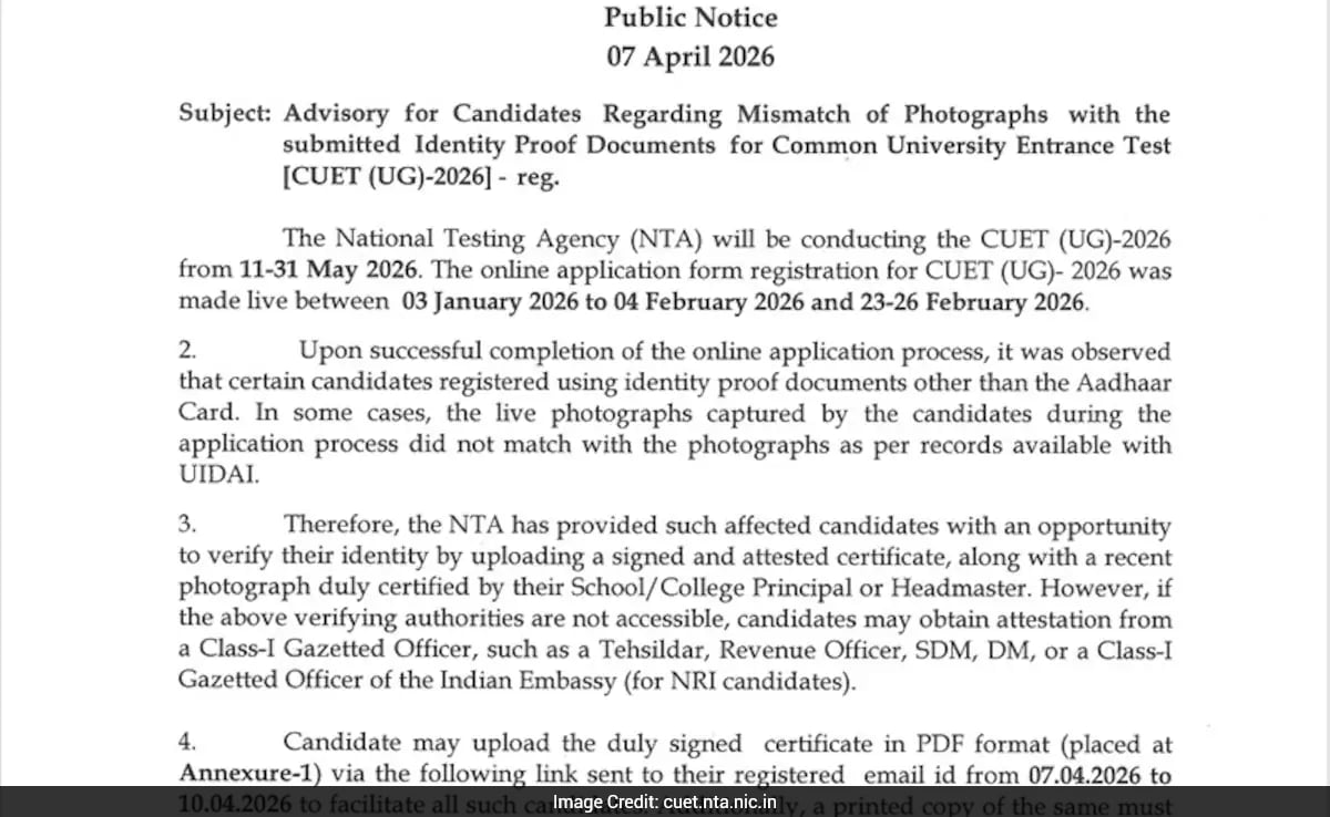 NTA Issues Advisory On Photo Mismatch For CUET (UG) 2026 Candidates