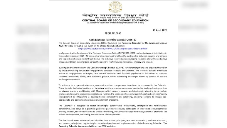 CBSE Launches Parenting Calendar 2026-27 To Boost Parent-School Engagement