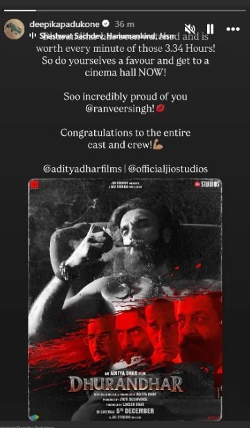 Screenshot of Deepika Padukones Dhurandhar review on her Instagram Story.