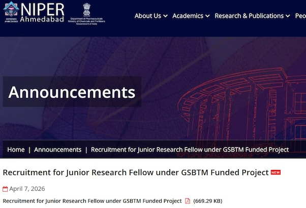 राष्ट्रीय औषध शिक्षा एवं अनुसंधान संस्थान ने जूनियर रिसर्च फेलो पदों पर निकाली भर्ती, तुरंत कर दें आवेदन