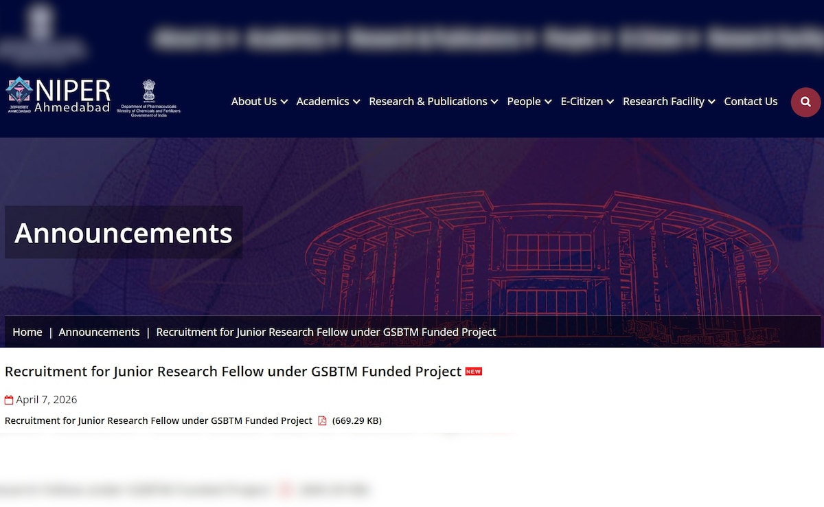 राष्ट्रीय औषध शिक्षा एवं अनुसंधान संस्थान ने जूनियर रिसर्च फेलो पदों पर निकाली भर्ती, तुरंत कर दें आवेदन