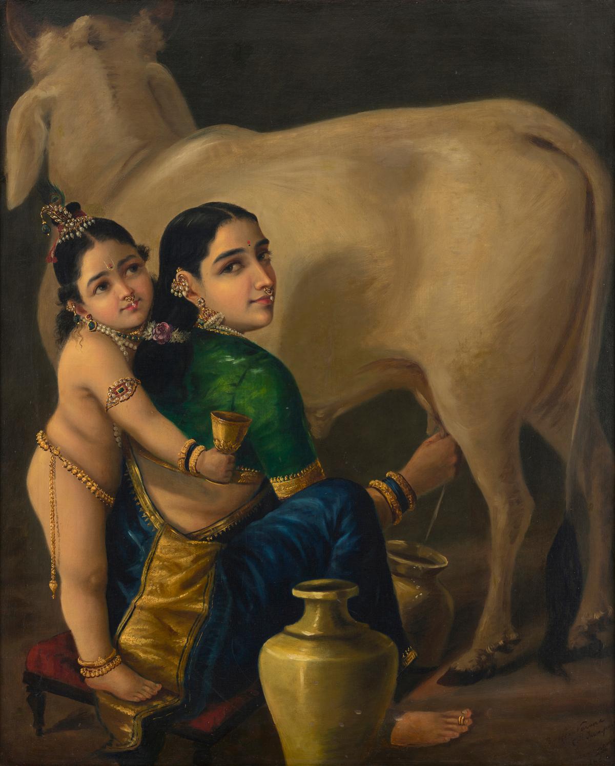 Raja Ravi Varma Yashoda and Krishna Painting