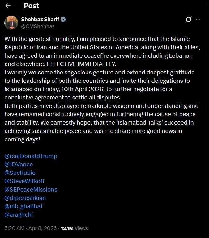 Screenshot of X post by @CMShehbaz