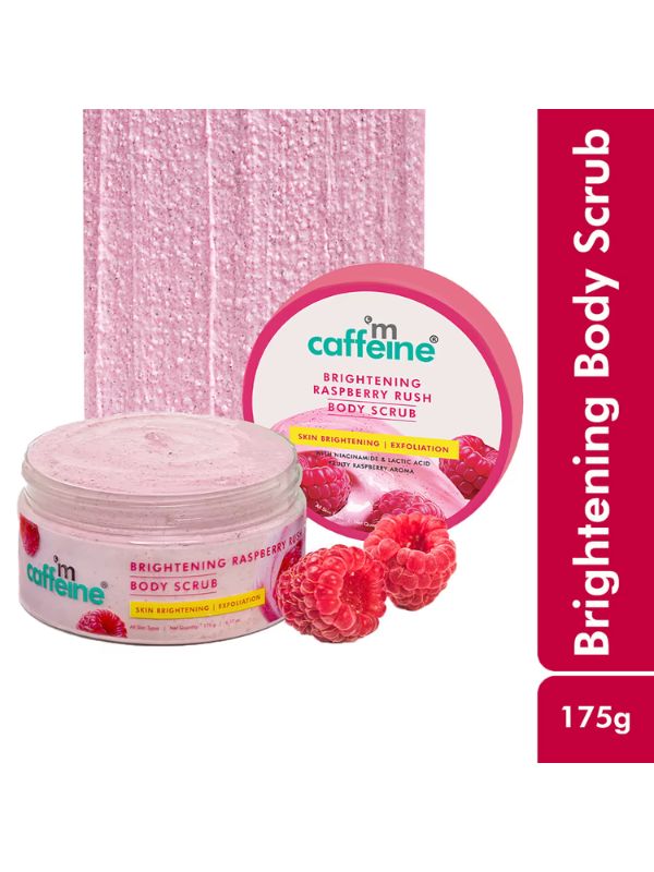Click here to buy mCaffeine Brightening Raspberry Body Scrub, Tan Removal,AHAs-Lactic & Glycolic Acid,Vit C Rich