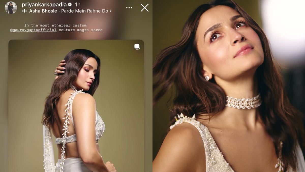 The ivory saree was otherwise plain, except for the borders, where pearls were strung together to create the illusion of hundreds of mogra flowers tied on a thread. Photo: Alia Bhatt/ Instagram