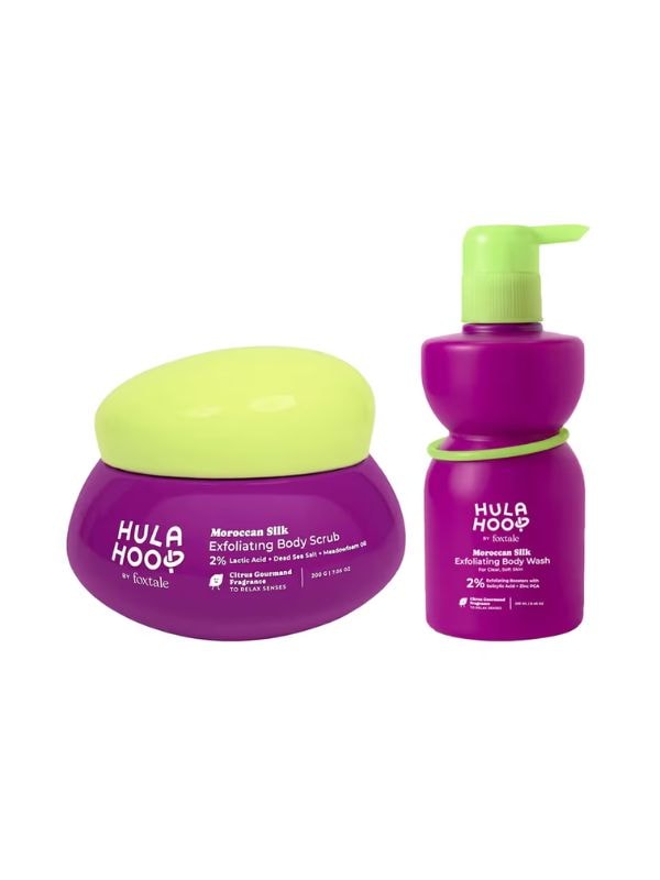 Click here to buy Hula Hoop Exfoliating Body Wash + Exfoliating Body Scrub by Foxtale Combo