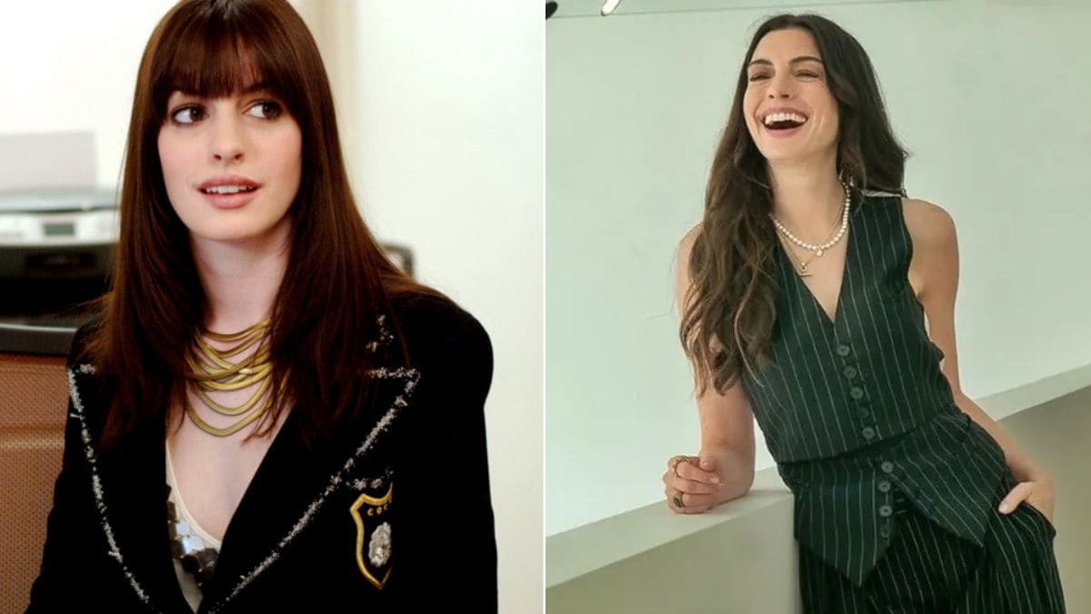 Anne Hathaway in Devil Wears Prada 2006 (L) Devil Wears Prada 2 2026 (L) Anne Hathaway in Devil Wears Prada 2006 (L) Devil Wears Prada 2 2026 (L)