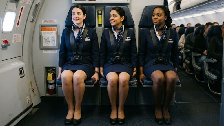 फ्लाइट में एयर होस्टेस हाथों पर क्यों बैठती हैं? इस अजीब पोजीशन के पीछे छिपा है बड़ा सेफ्टी सीक्रेट!