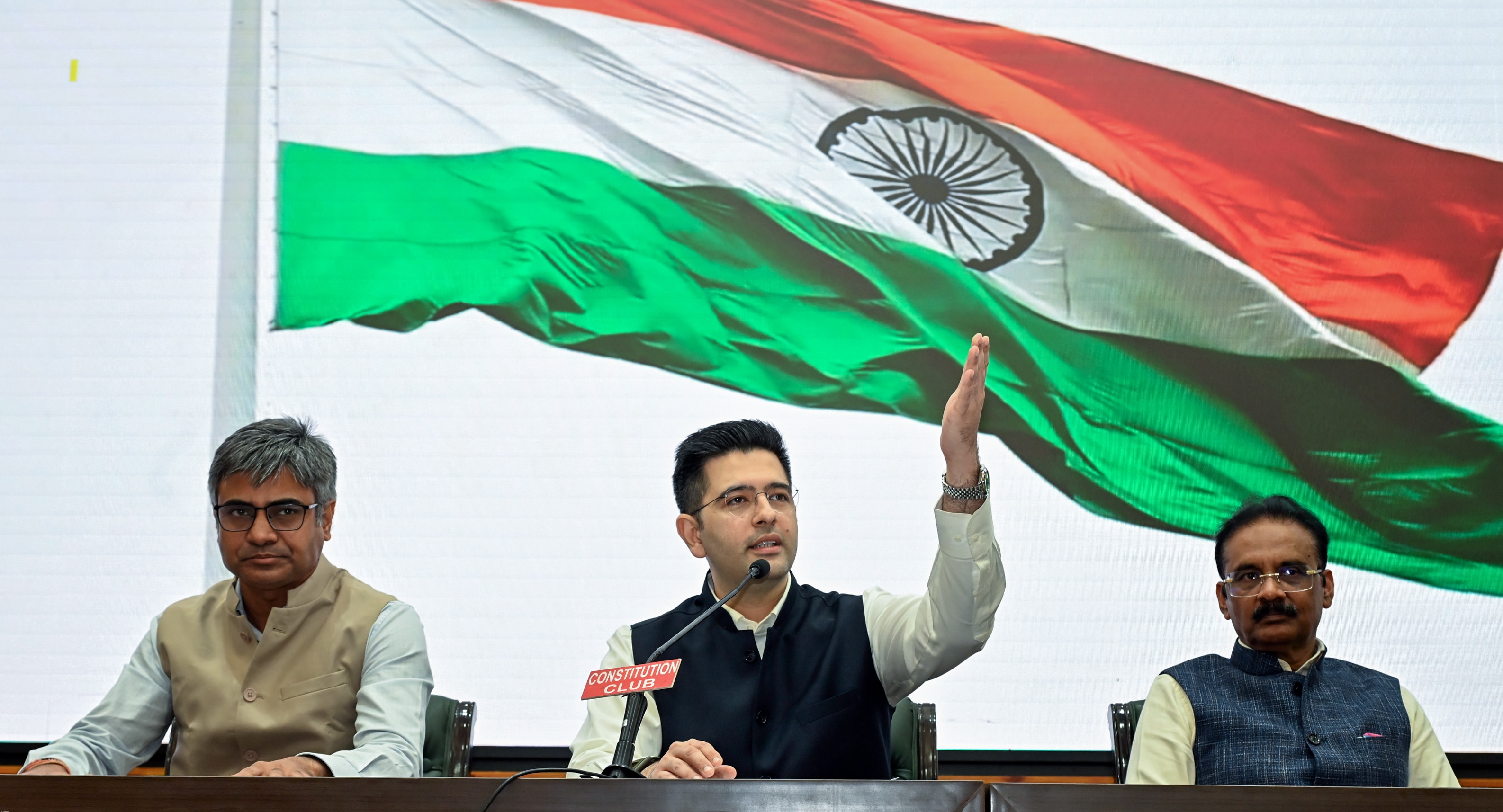 AAP MPs Raghav Chadha, Sandeep Pathak, and Ashok Mittal during a press conference, at Constitution Club, in New Delhi on Friday. 