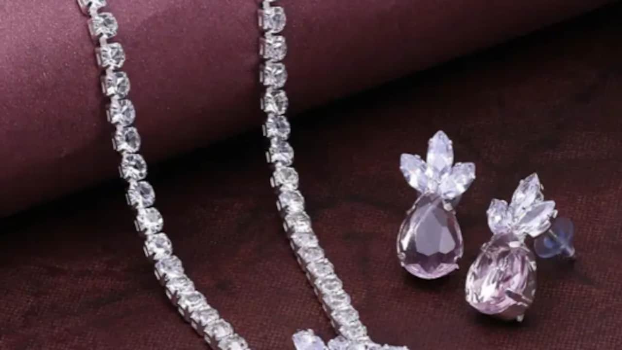 Click to buy SAIYONI Alloy Silver Pink Jewellery Set (Pack of 3)