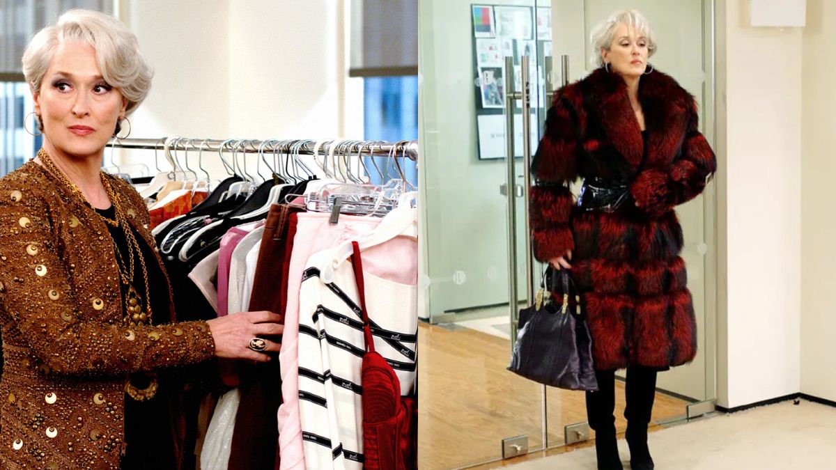 Meryl Streep as Miranda Priestly in Devil Wears Prada (2006) in golden shimmering jackets and massive fur coats Meryl Streep as Miranda Priestly in Devil Wears Prada (2006) in golden shimmering jackets and massive fur coats