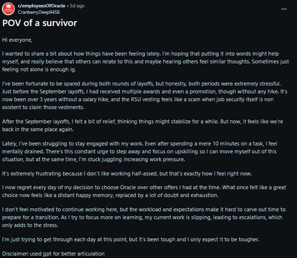 Oracle Employee Reddit Post