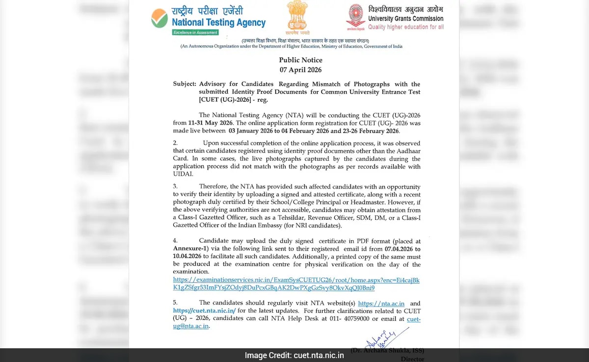 NTA Issues Advisory On Photo Mismatch For CUET (UG) 2026 Candidates