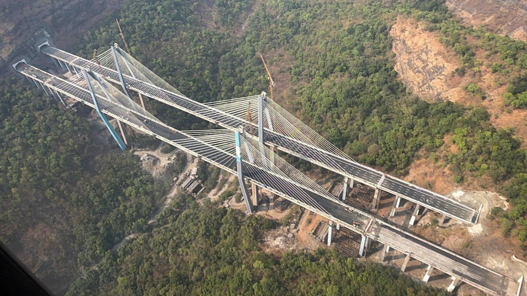 Aerial view of the Missing Link project site of the Mumbai-Pune Expressway