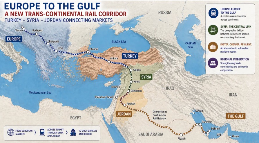 The Gulf to Europe rail corridor that Turkey has envisaged, that bypasses Israel and goes through Jordan and Syria. (Source: radiofreesyria.com)