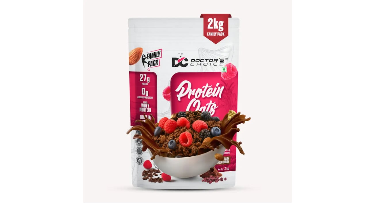 Click to buy DOCTORS CHOICE High Protein Oats 27g Rich In Fiber, No Additives & 0g Sugar -Dark Choco Berry Box