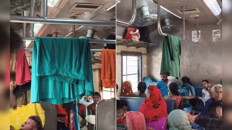 चलती ट्रेन के अंदर 'धोबी घाट'! पैसेंजर्स के सिर के ऊपर रेलिंग पर लटकते दिखे पेटीकोट