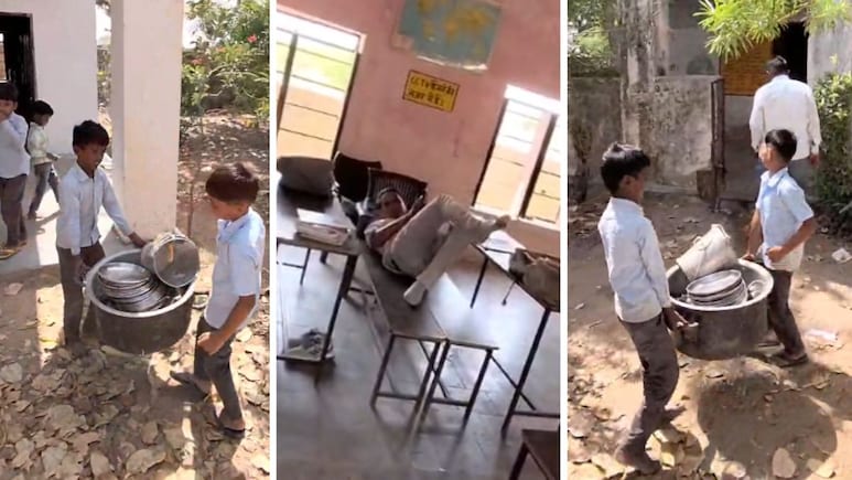 शिक्षा व्यवस्था की शर्मनाक तस्वीर! क्लासरूम में सो रहे टीचर, बाहर मिड-डे मील के बर्तन ढोते बच्चे
