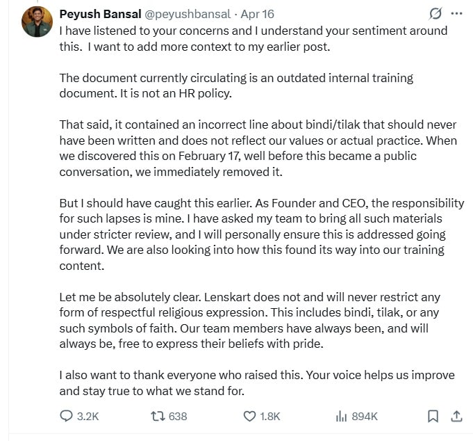 ड्रेस कोड विवाद पर पीयूष बंसल का दूसरा पोस्ट.