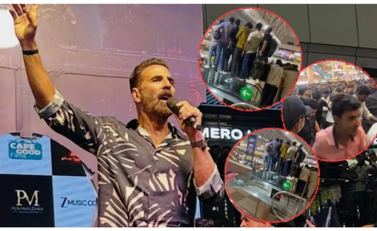 ग्रेटर नोएडा के मॉल में अक्षय कुमार की एक झलक पाने को बेकाबू हुए फैंस, मची भगदड़, एस्केलेटर की रेलिंग पर चढ़े लोग | Bhooth Bangla Akshay Kumar Draws Large Crowd To