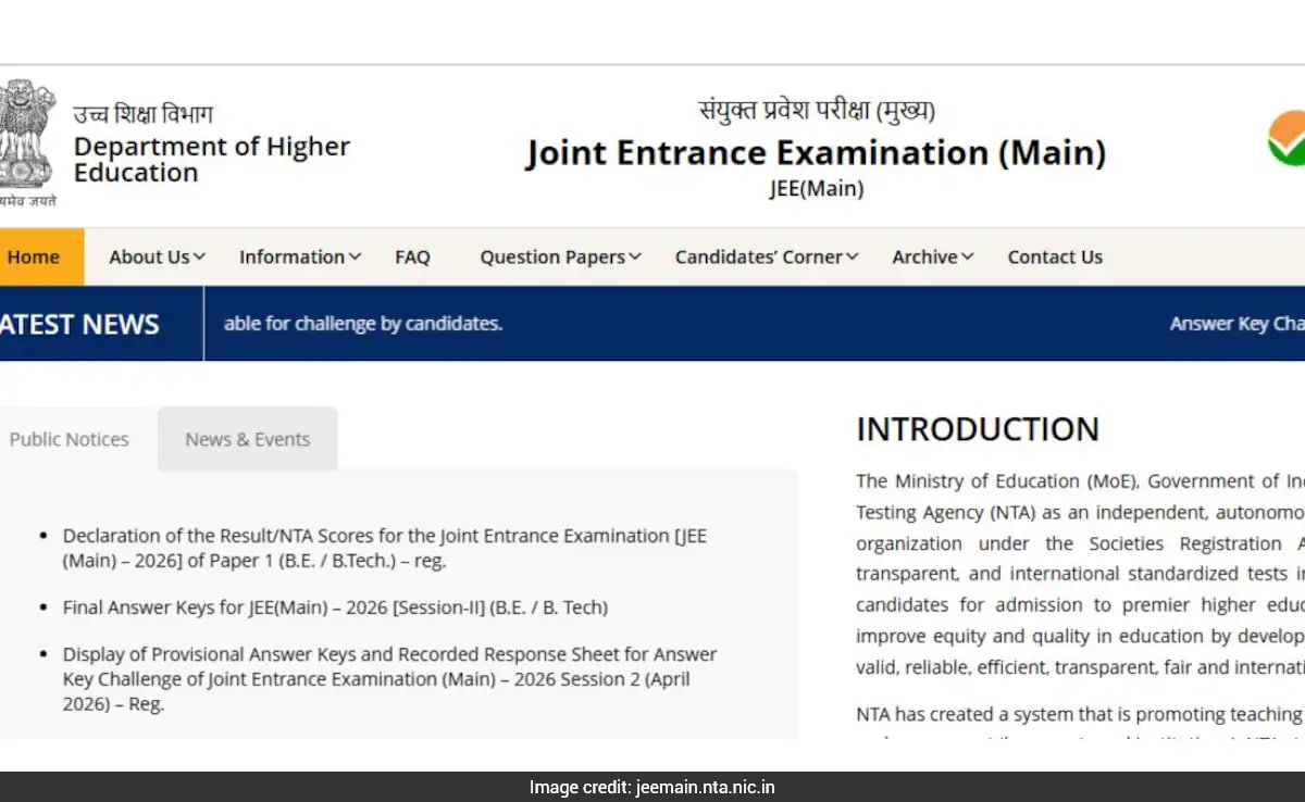 JEE Main Session 2 Result 2026: BE/BTech Paper Scorecard Out, Download Here