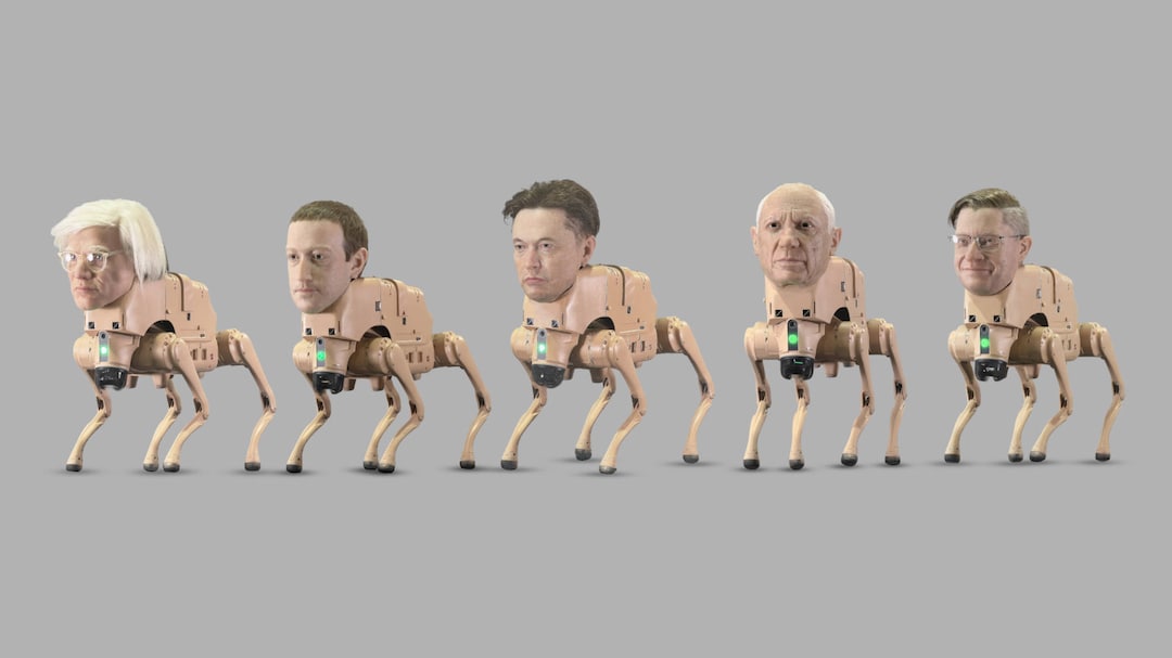 Robot Dogs With 'Heads' Of Elon Musk, Jeff Bezos, Mark Zuckerberg Are 'Pooping' Pictures In A Berlin Gallery