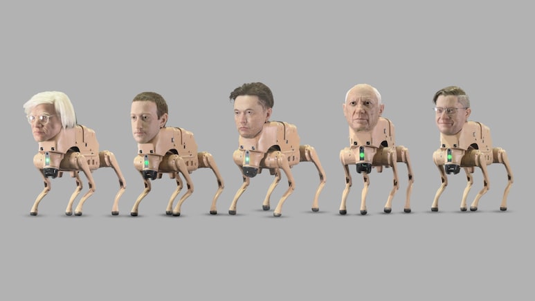 Robot Dogs With 'Heads' Of Elon Musk, Jeff Bezos, Mark Zuckerberg Are 'Pooping' Pictures In A Berlin Gallery