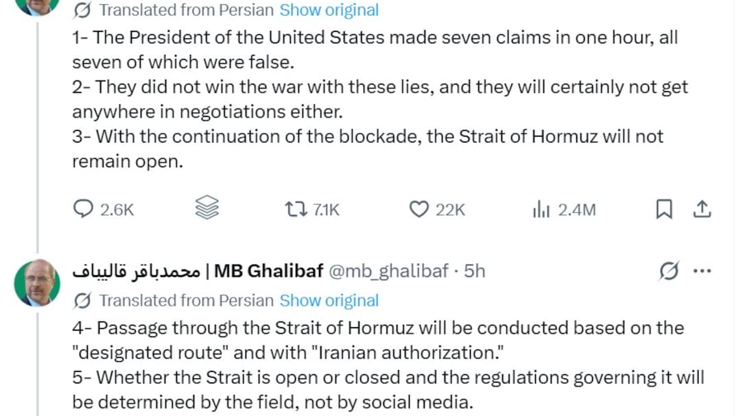 Ghalibaf has warned Trump that Tehran will close the Strait of Hormuz if the US continues its naval blockade, 