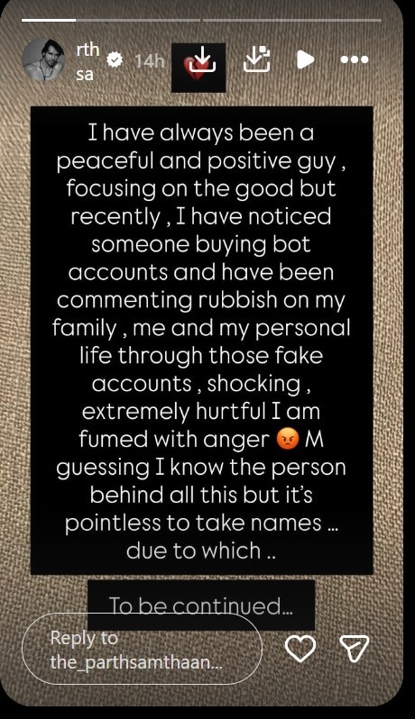 Screenshot of Parth Samthaans Instagram Story.