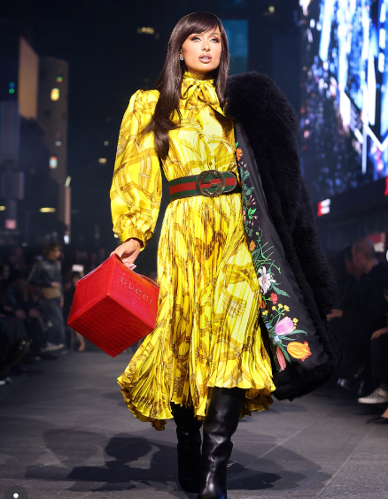 Paris Hilton Turns Heads With Shocking Brunette Hair On Gucci Runway At Times Square